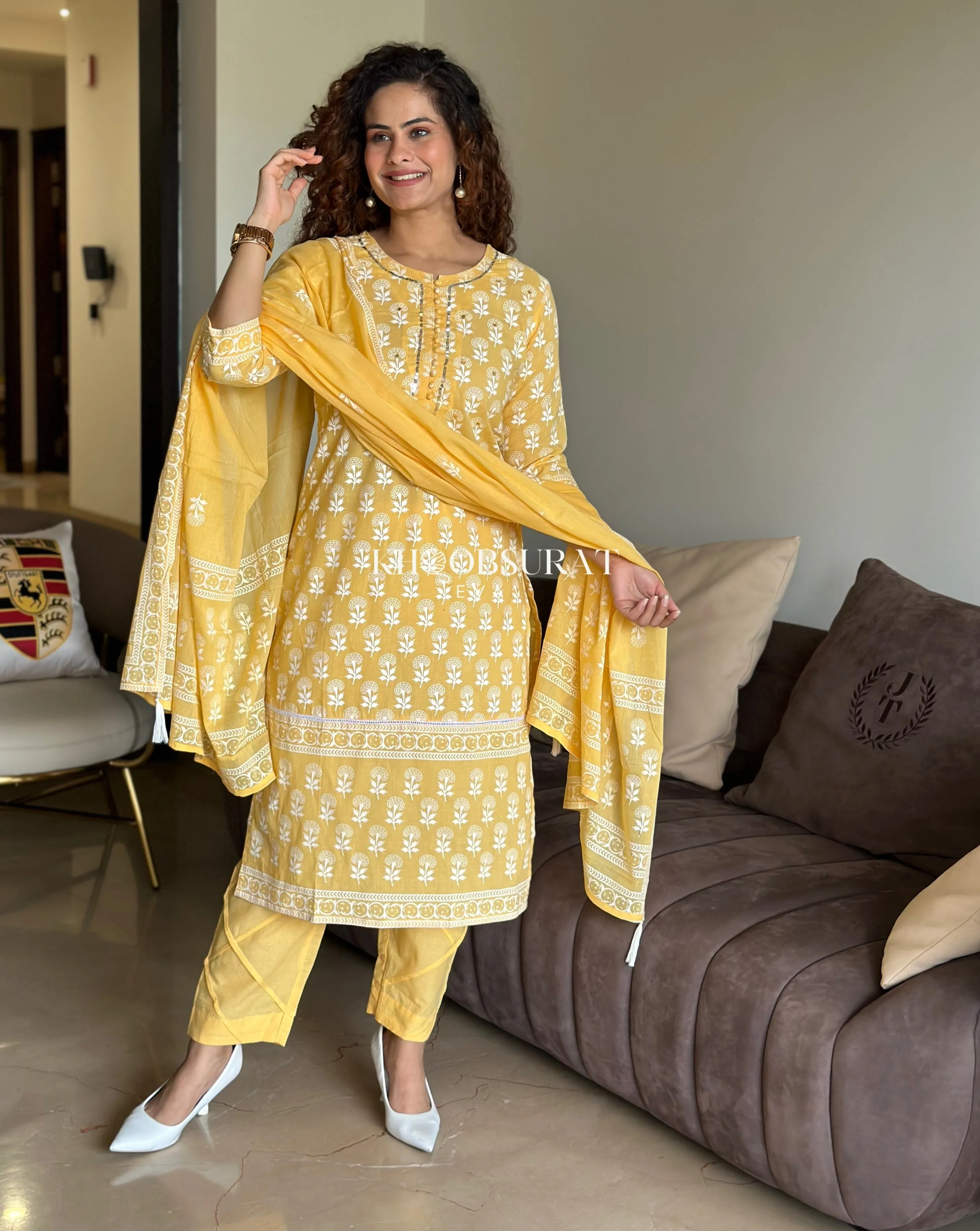 Floral Bouquet On Yellow Dupatta Suit Set