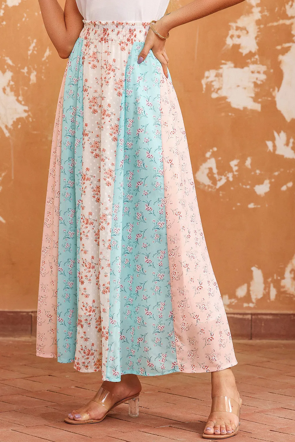 Floral Color Block Smocked Waist Maxi Skirt