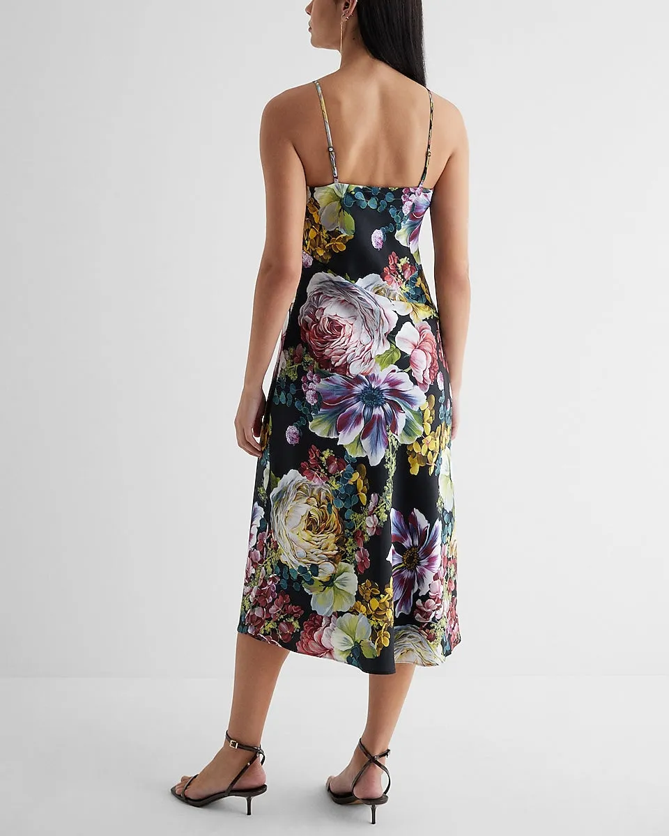 Floral Satin Scoop Neck Downtown Cami Midi Slip Dress in Multi