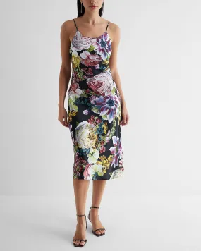 Floral Satin Scoop Neck Downtown Cami Midi Slip Dress in Multi