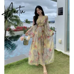 French Seaside Resort Maxi Dress Women Chiffon Puff Sleeve V Neck Floral Dress Female Vintage Elegant Print Long Beach Dress