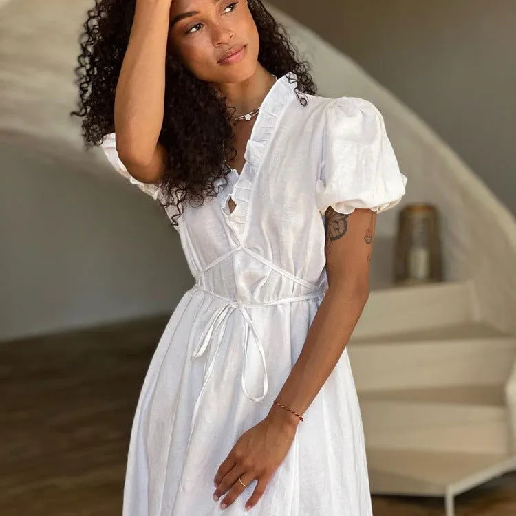 French White Dress Women Summer Short Sleeve V Neck Lace Up Casual Dress