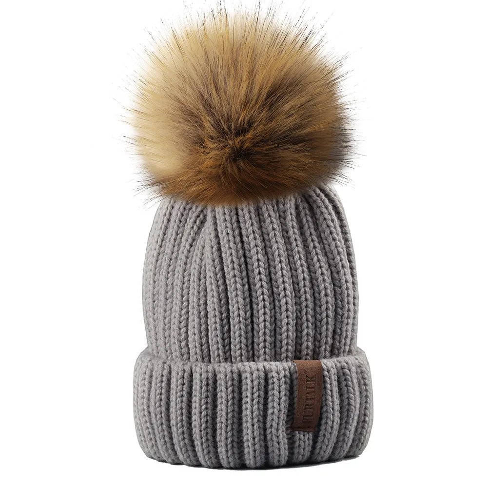 FURTALK  Winter Kids Faux Fur Pom Pom Hat  Drop Shipping HTWL028