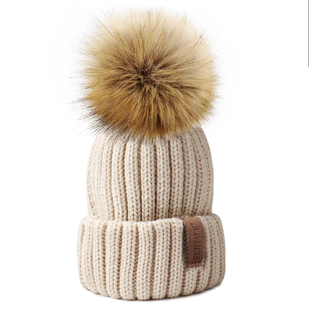 FURTALK  Winter Kids Faux Fur Pom Pom Hat  Drop Shipping HTWL028