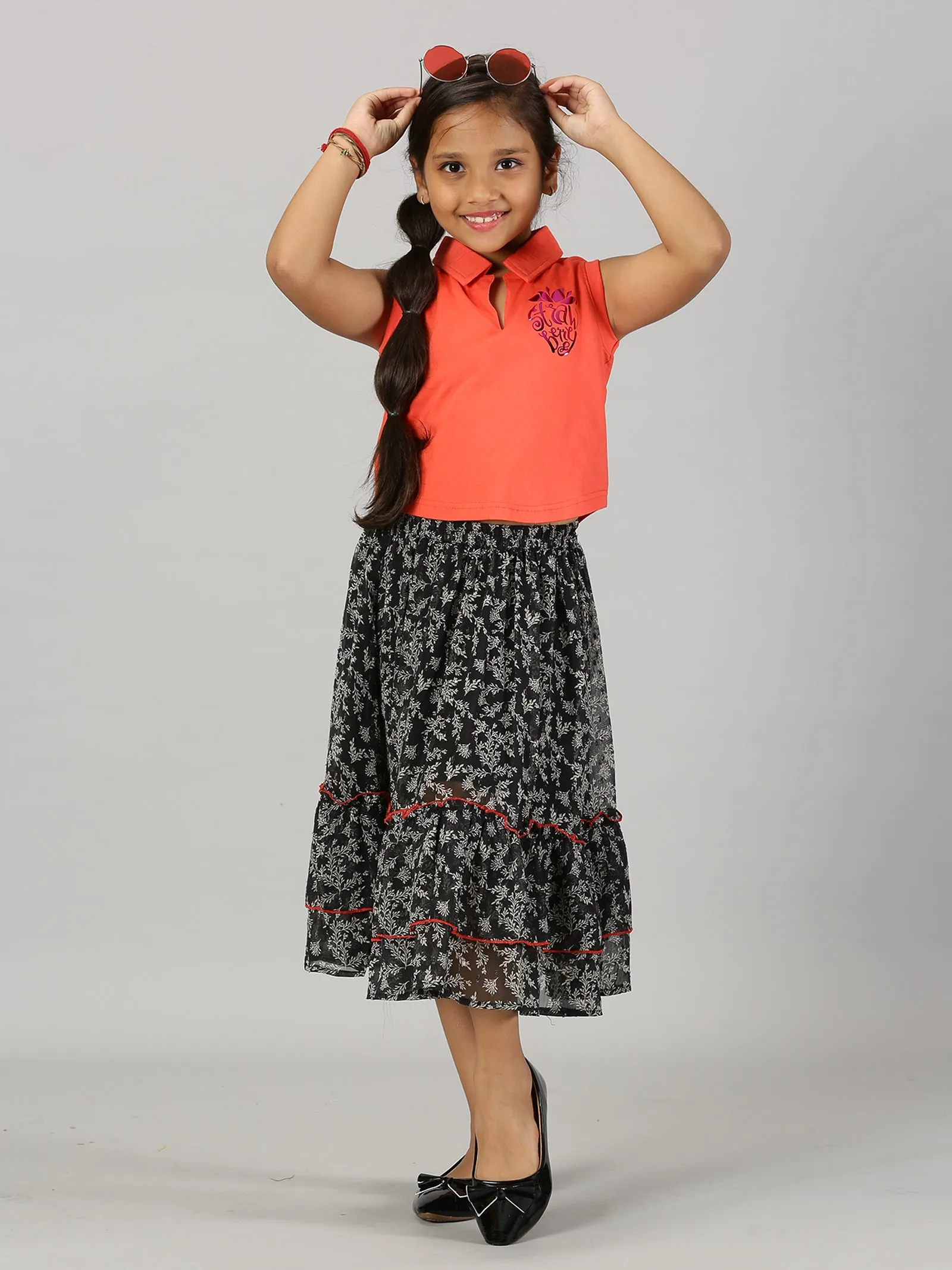 Girls Cropped Print Polo Tee & Frill Layered Flared Skirt Set