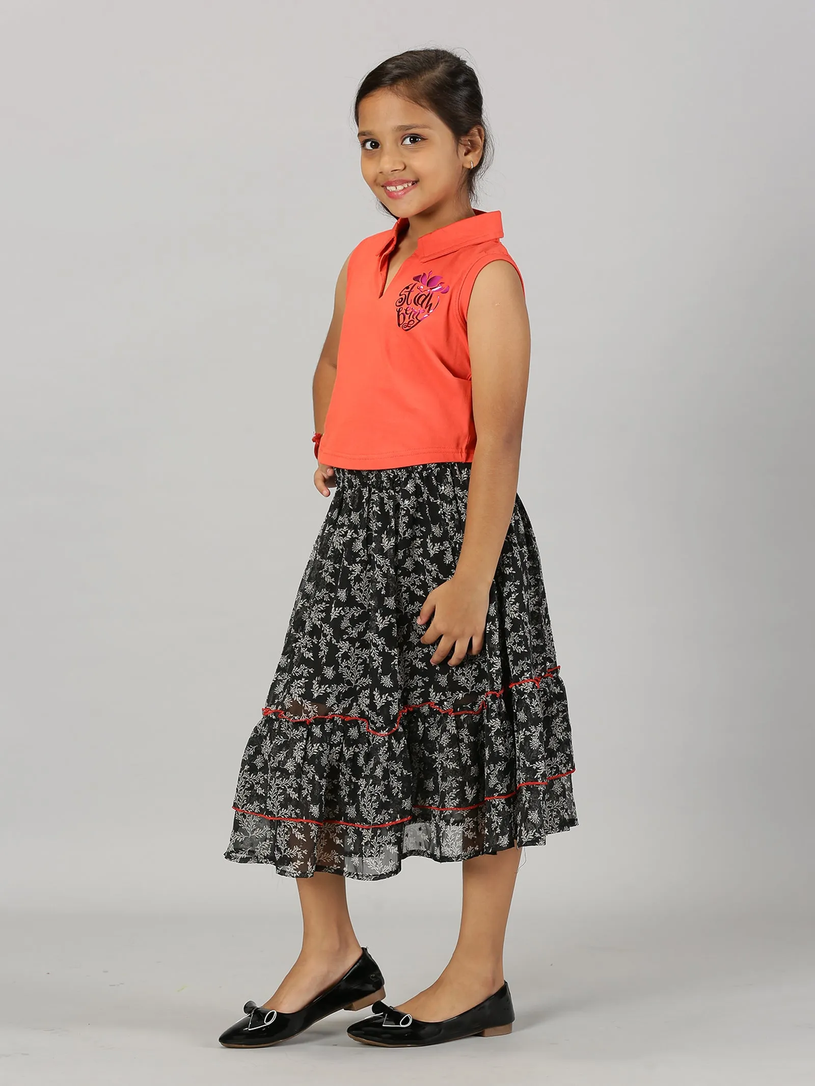 Girls Cropped Print Polo Tee & Frill Layered Flared Skirt Set