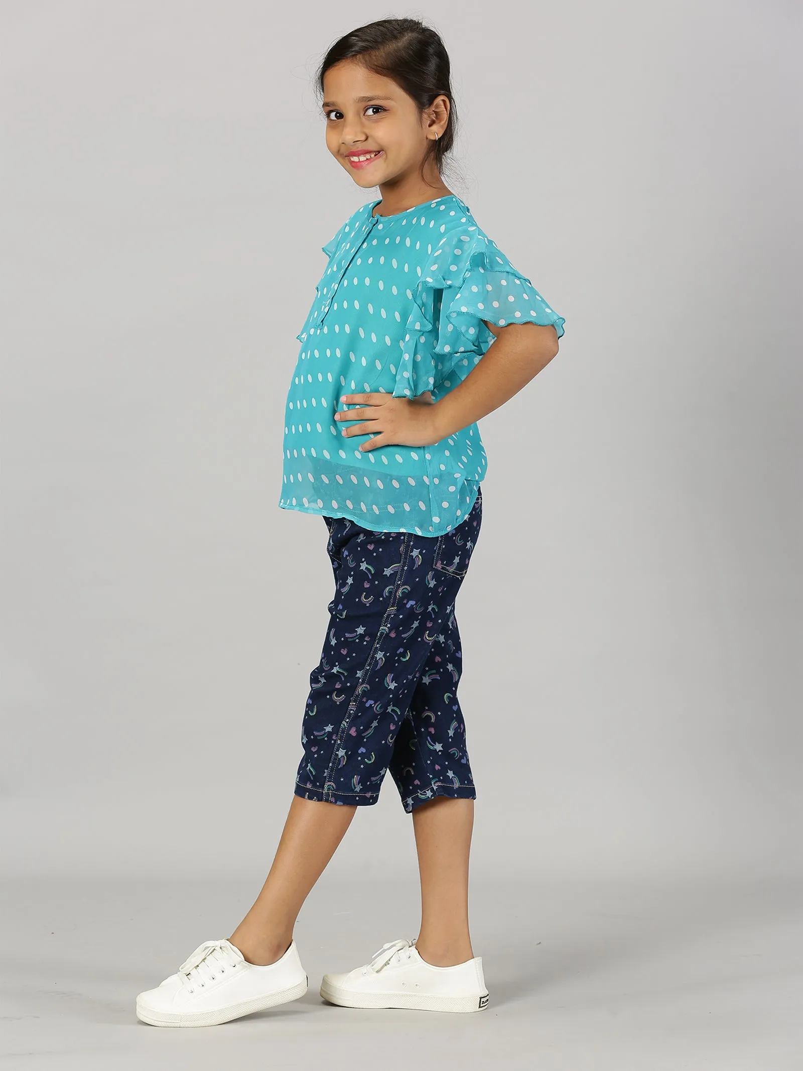 Girls Frill Layered Sleeve Top & Denim Capri Jeggings Set