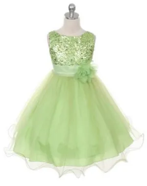 Glittery Sequined Bodice and Double Layered Mesh Dress - Apple Green