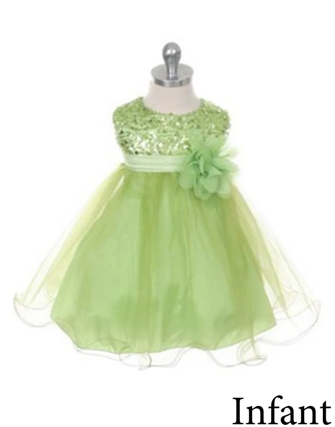 Glittery Sequined Bodice and Double Layered Mesh Dress - Apple Green