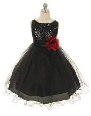 Glittery Sequined Bodice and Double Layered Mesh Dress - Black