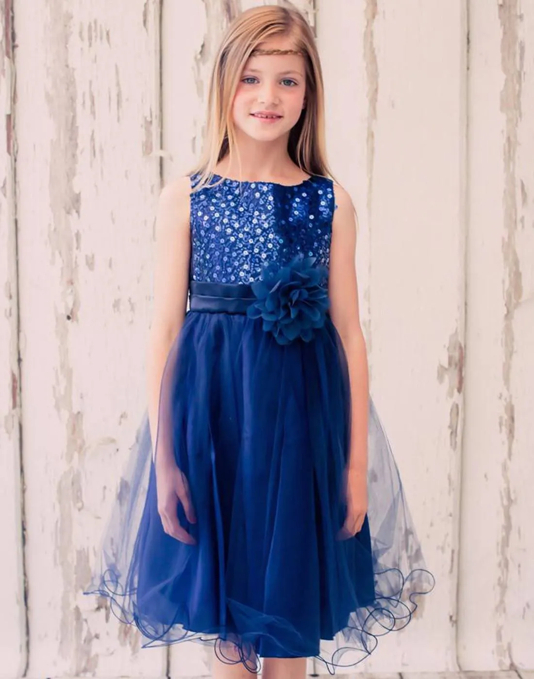 Glittery Sequined Bodice and Double Layered Mesh Dress - Navy Blue