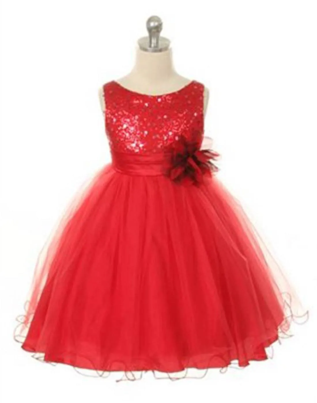 Glittery Sequined Bodice and Double Layered Mesh Dress - Red