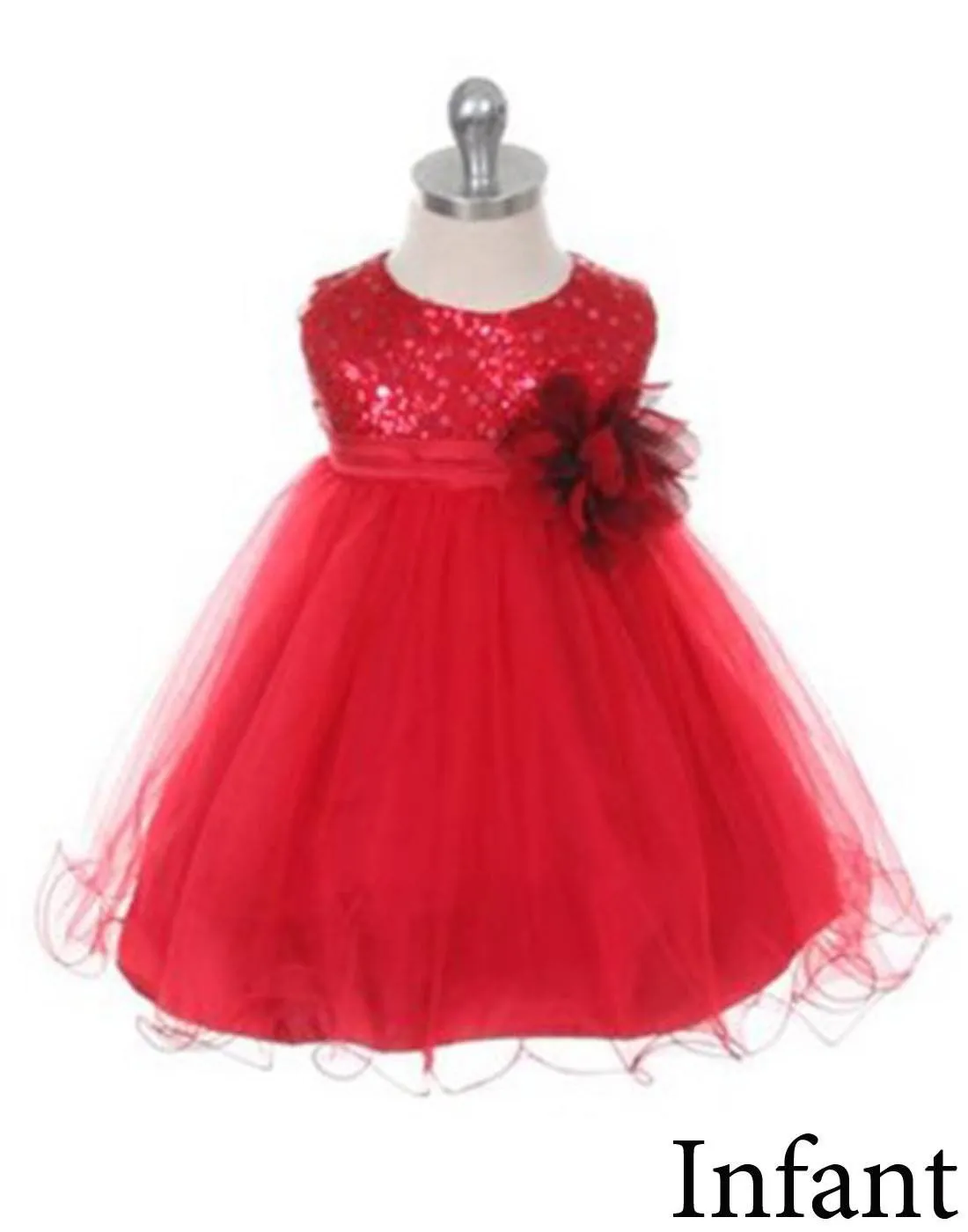 Glittery Sequined Bodice and Double Layered Mesh Dress - Red