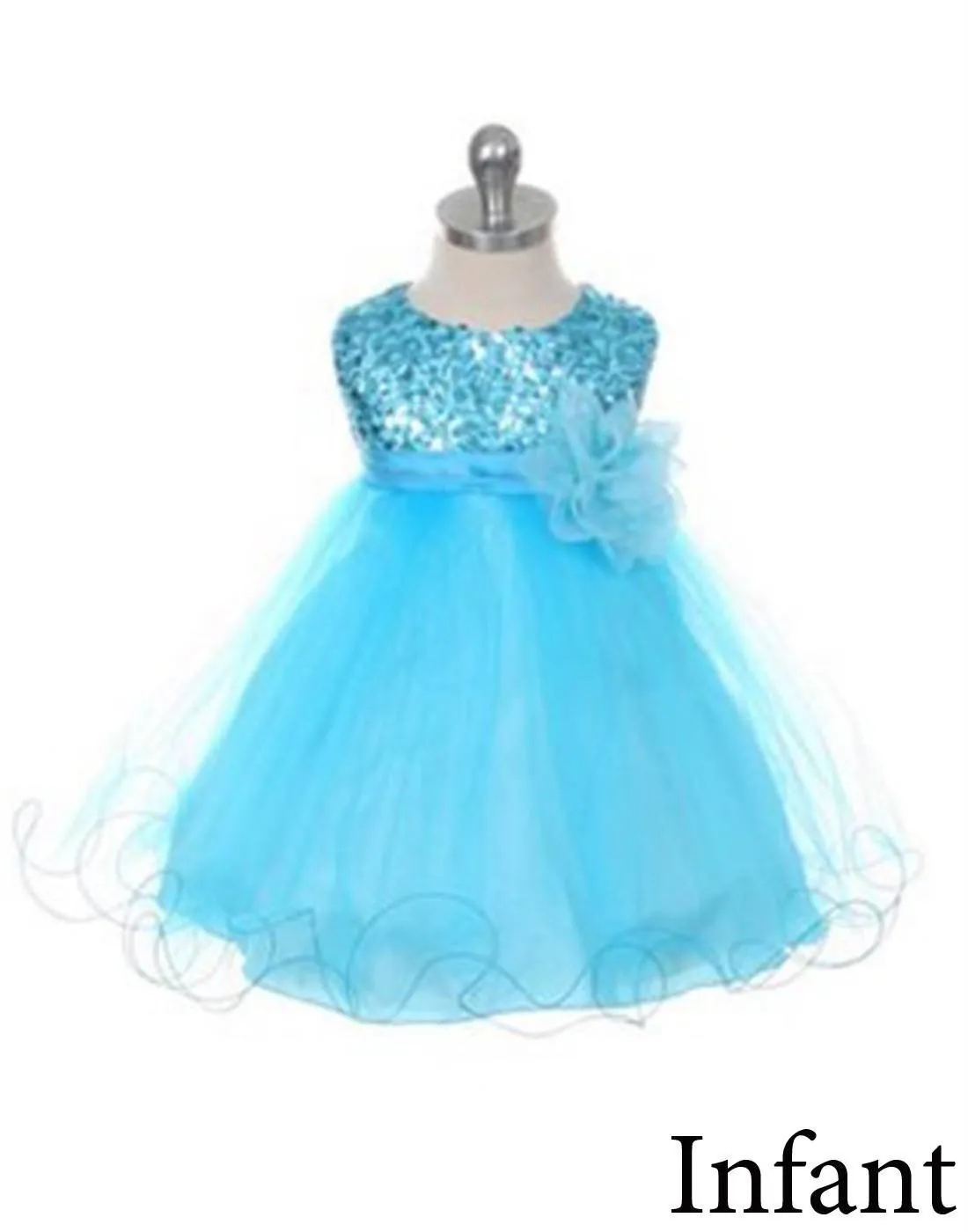 Glittery Sequined Bodice and Double Layered Mesh Dress - Turquoise