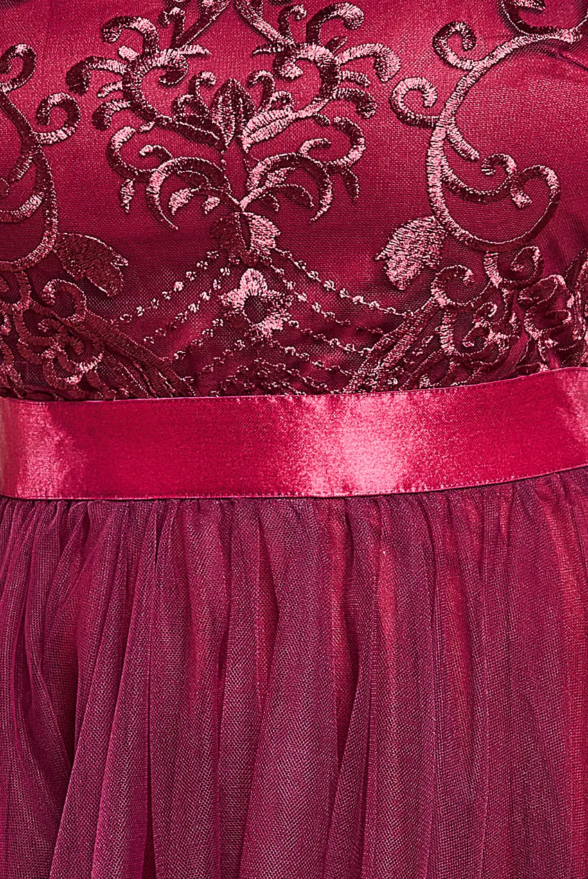 Goddiva Embroidered Mesh Maxi Dress - Burgundy