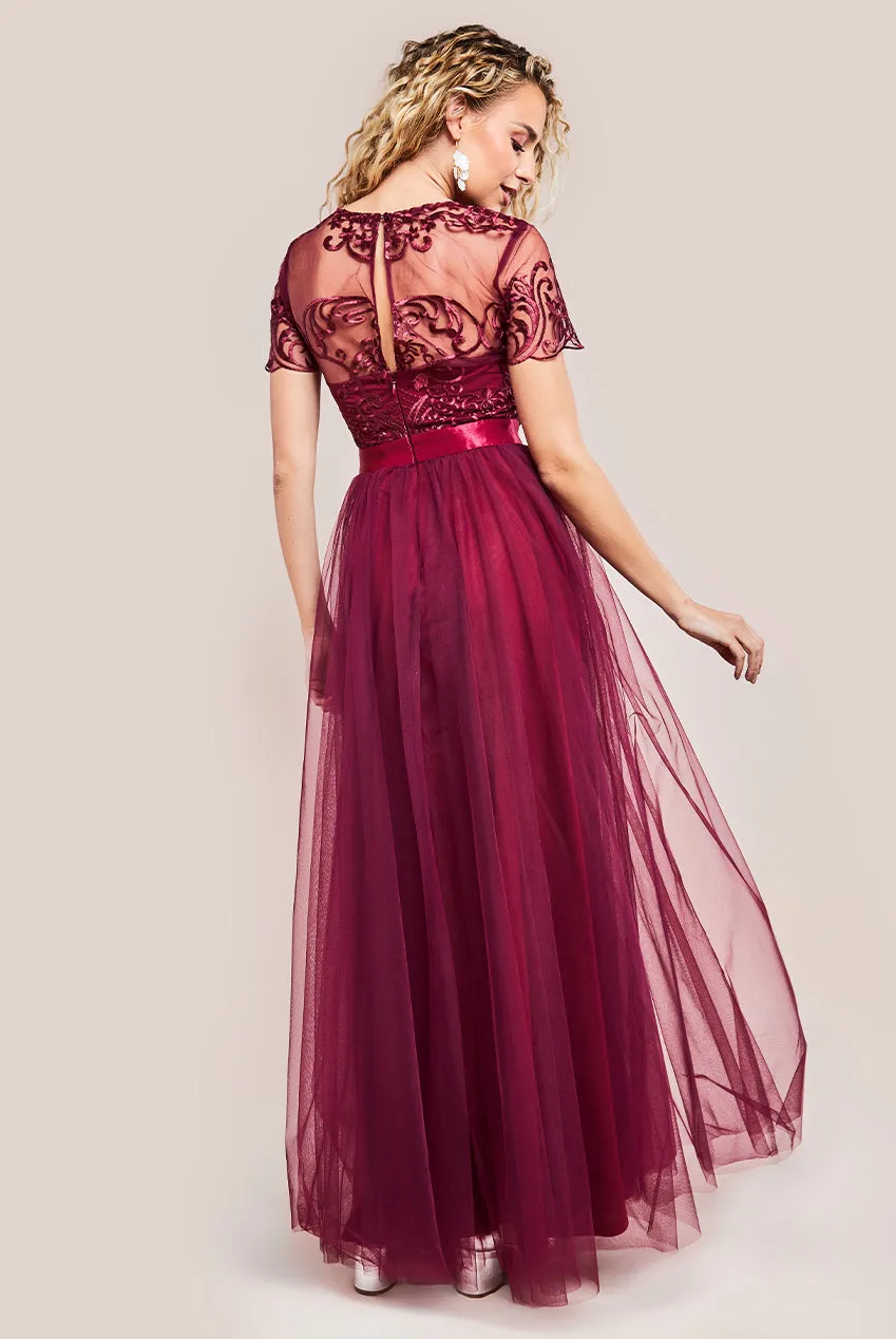 Goddiva Embroidered Mesh Maxi Dress - Burgundy