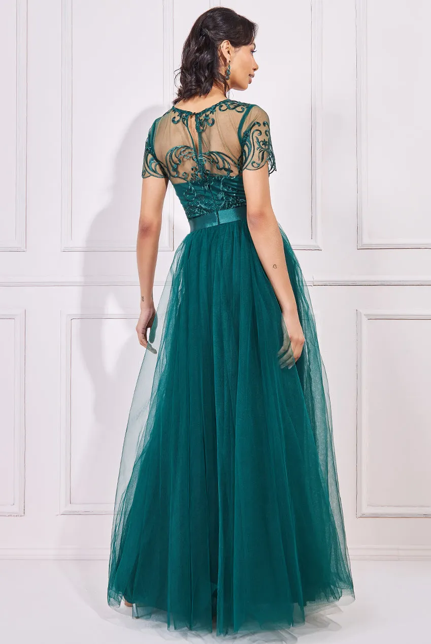 Goddiva Embroidered Mesh With Plain Mesh Maxi Dress