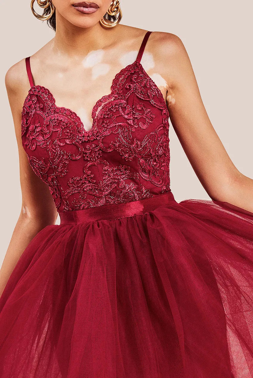 Goddiva High Low Tulle Mini With Lace Bodice - Wine