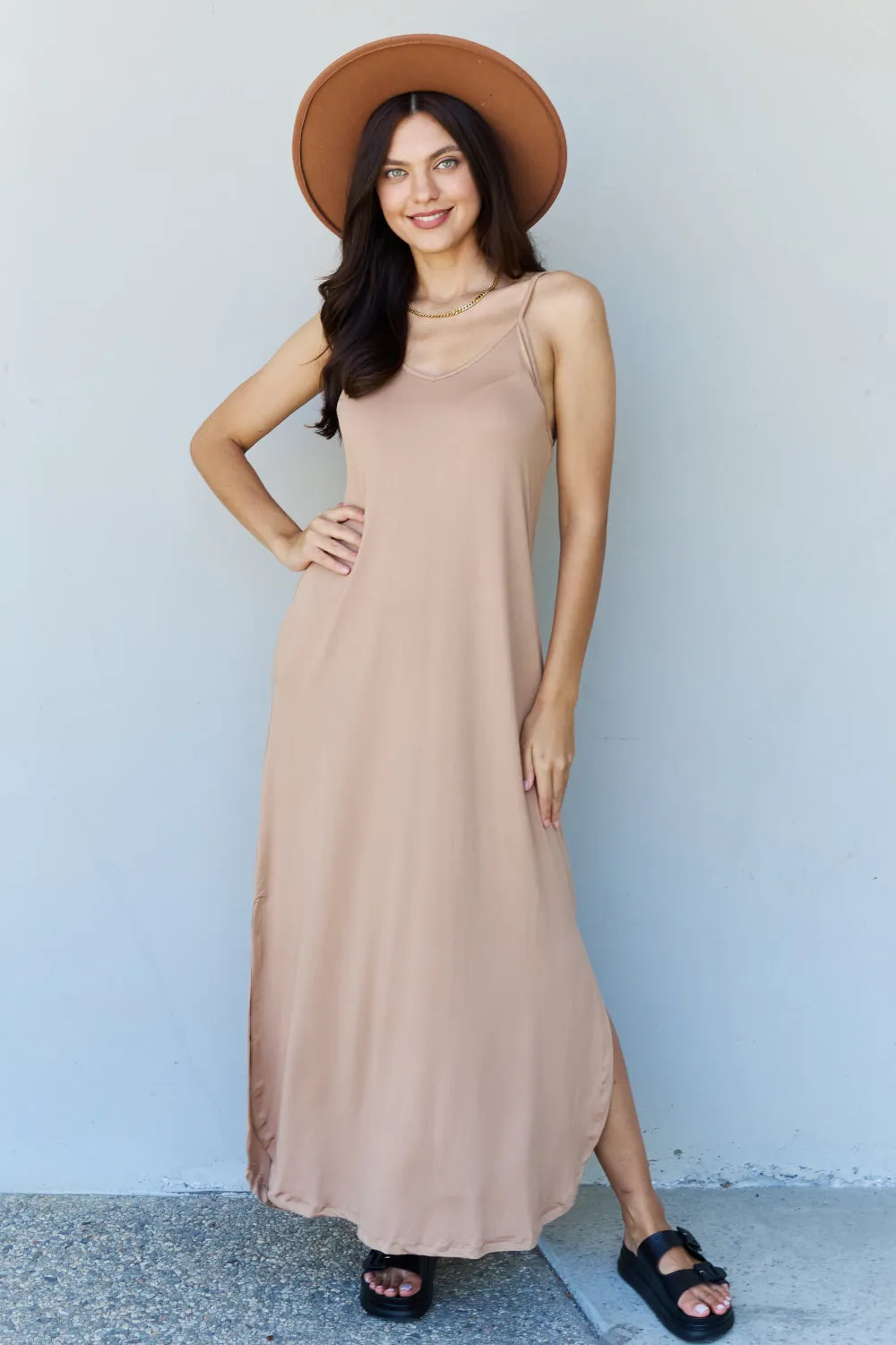 Good Energy Full Size Cami Side Slit Maxi Dress in Camel