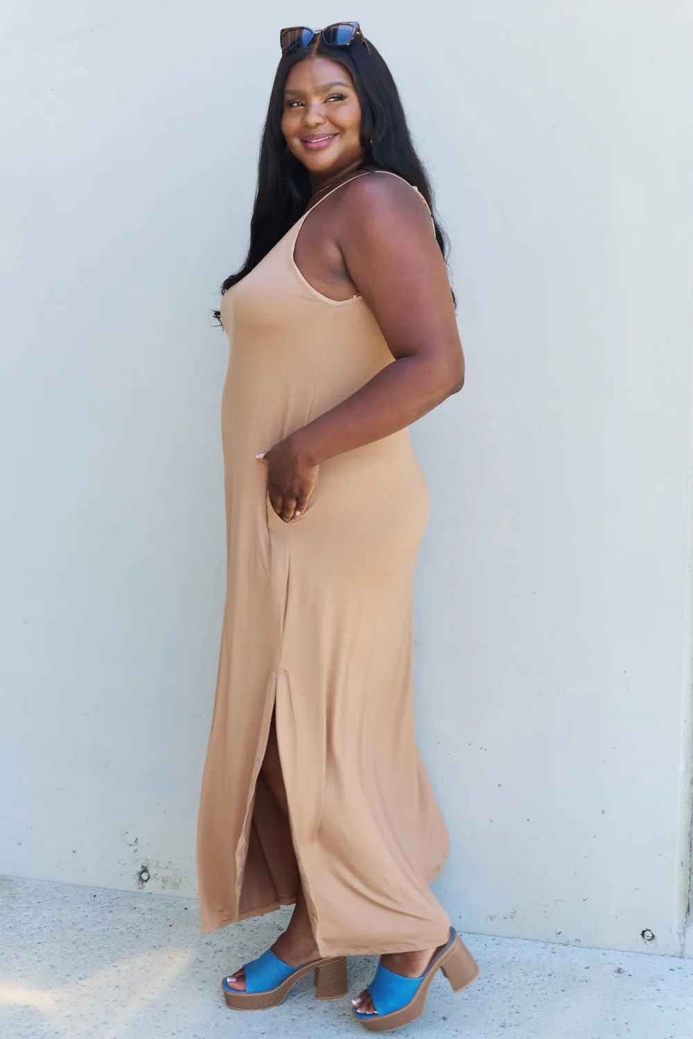 Good Energy Full Size Cami Side Slit Maxi Dress in Camel