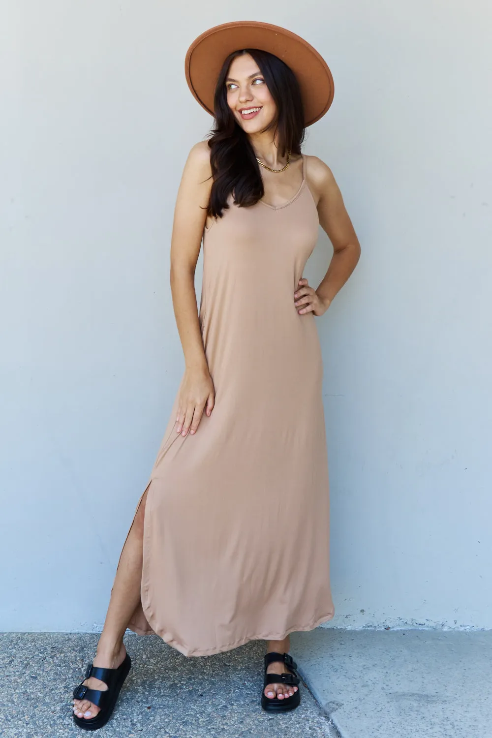 Good Energy Full Size Cami Side Slit Maxi Dress in Camel