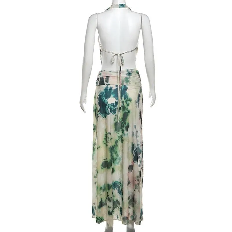 Halter cowl neck print ruched backless maxi skirt set