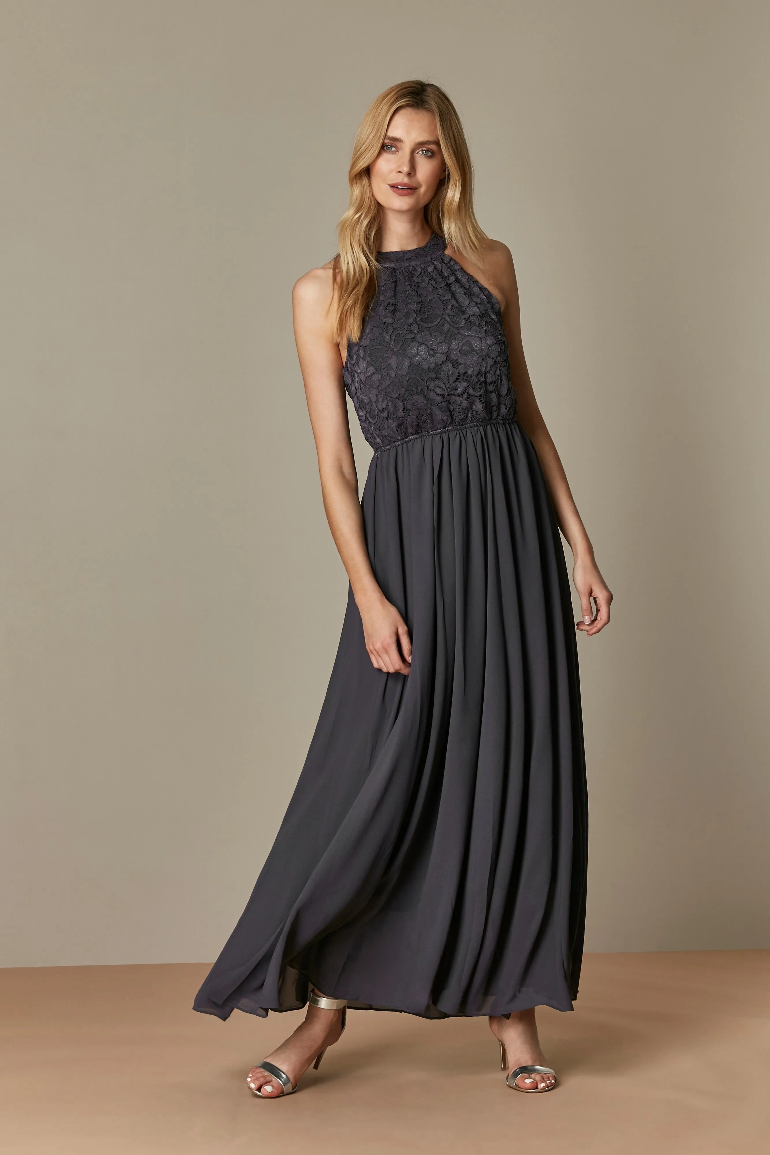 Halter Neck Lace Maxi Bridesmaid Dress, Dark Grey