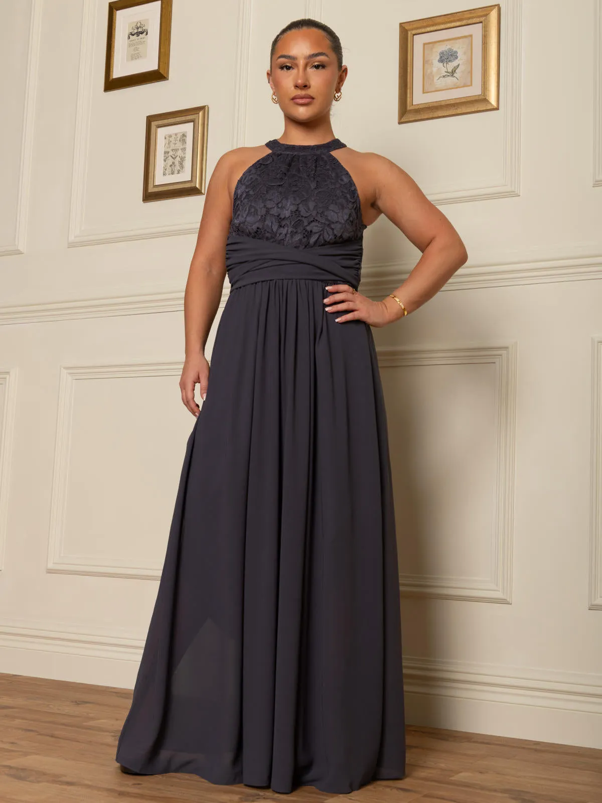 Halter Neck Lace Maxi Bridesmaid Dress, Dark Grey