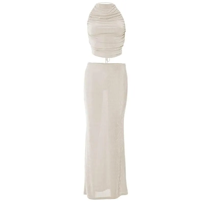 Halter solid backless self tie ruched maxi skirt set