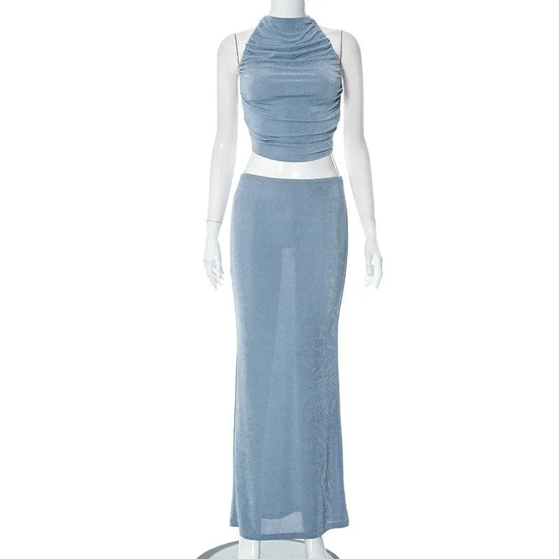 Halter solid backless self tie ruched maxi skirt set