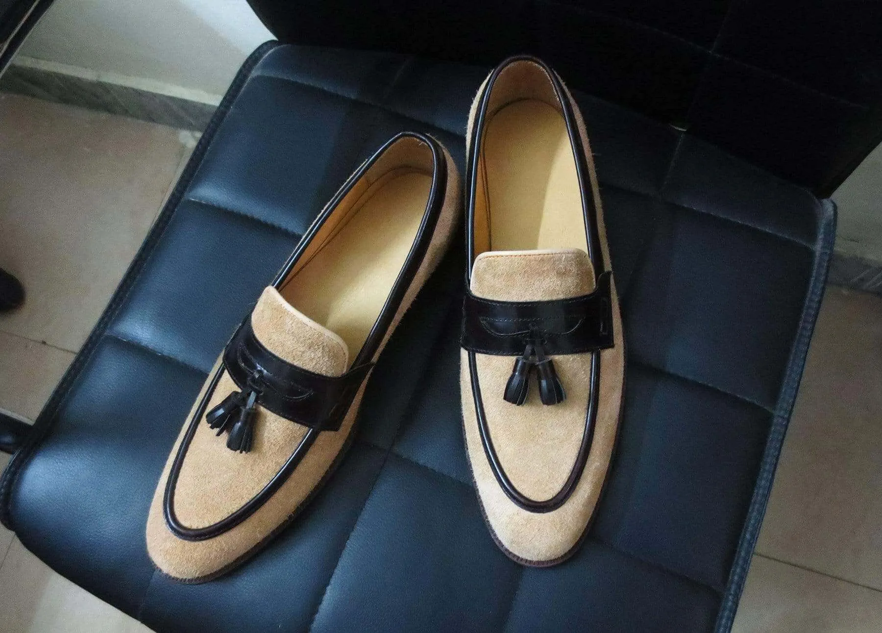 Handmade Men's Beige Suede Tussles Loafers