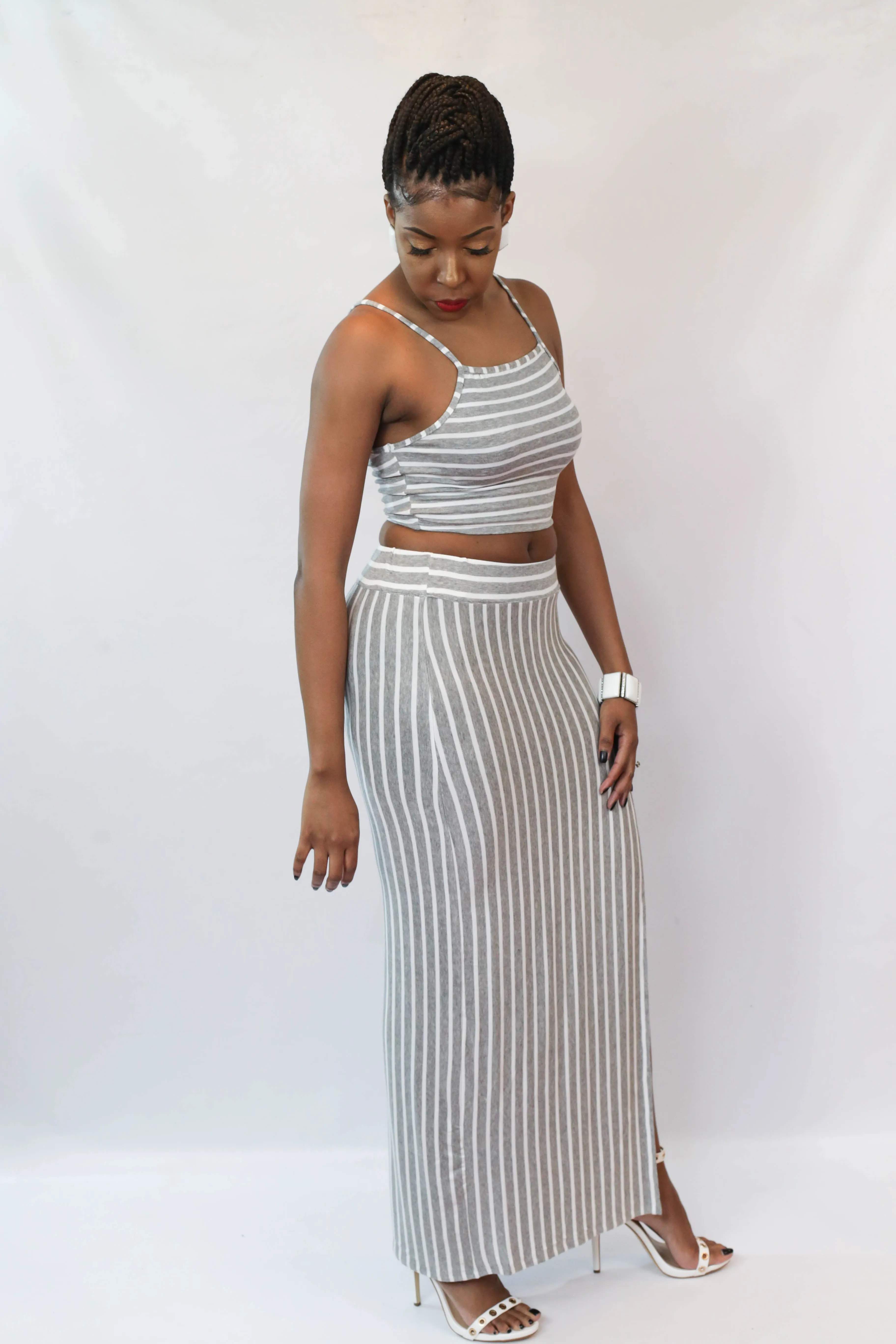 Heather Grey Stripe 2 Piece Maxi Set