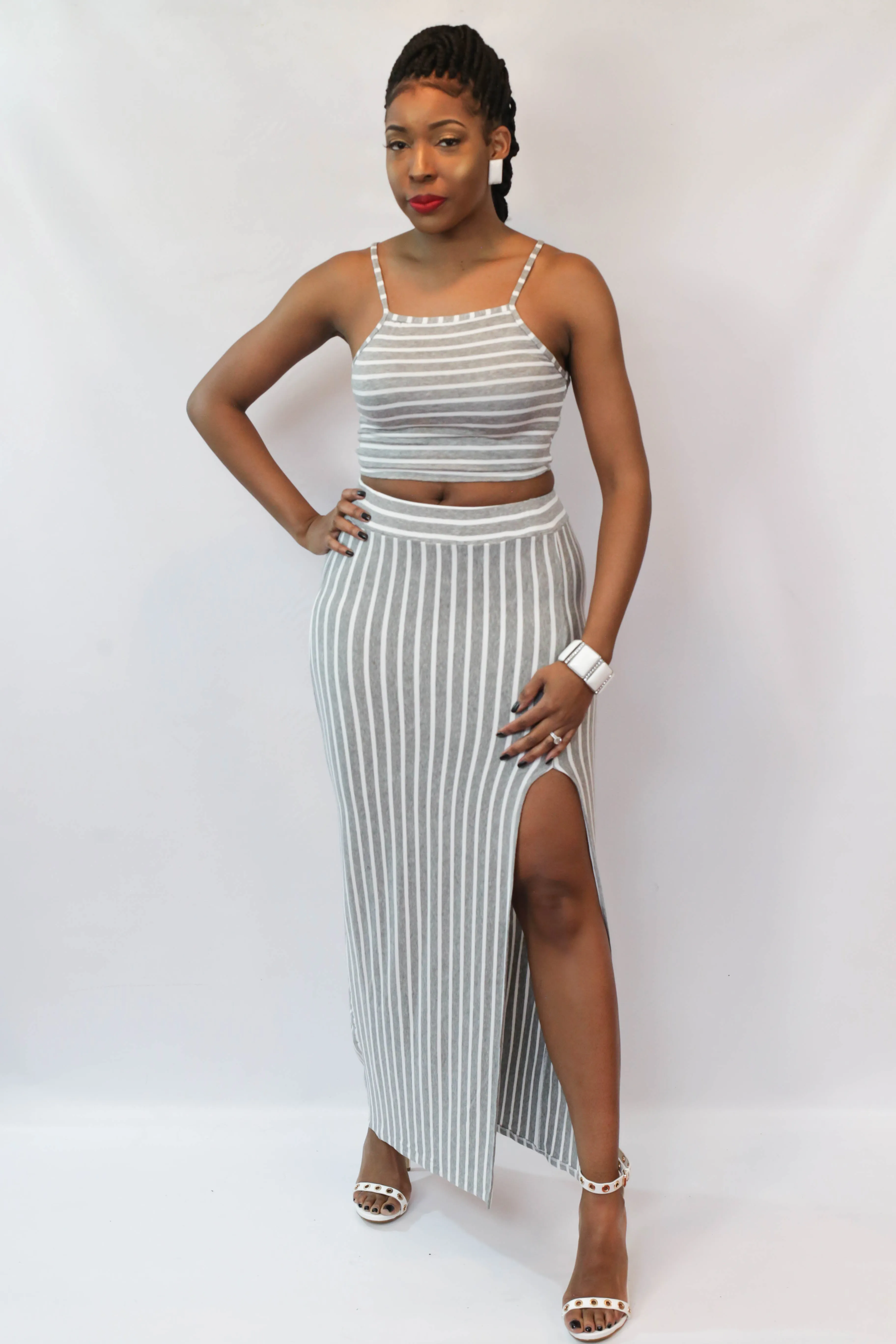 Heather Grey Stripe 2 Piece Maxi Set