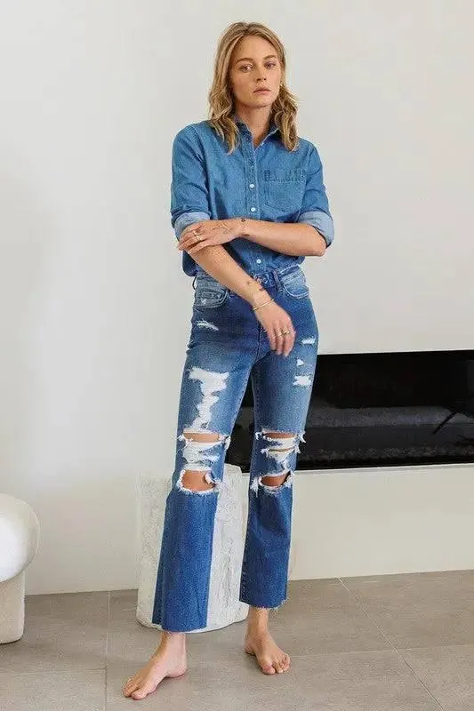 High Rise Straight Distressed Jeans