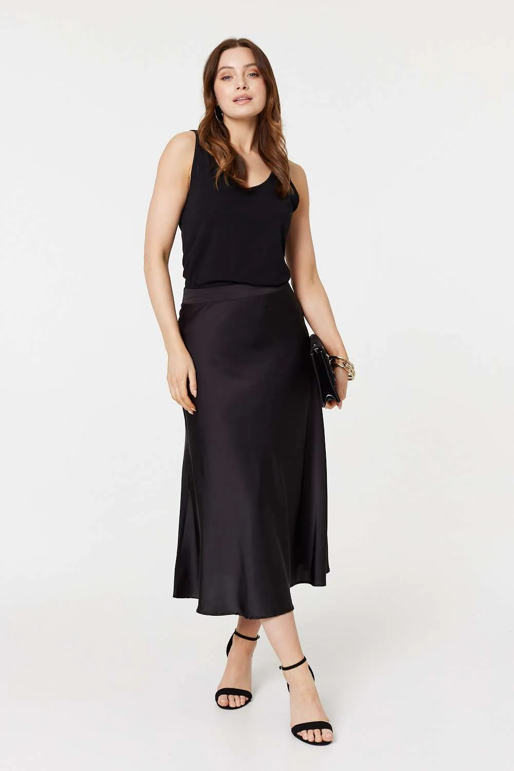 High Waist A-Line Midi Slip Skirt