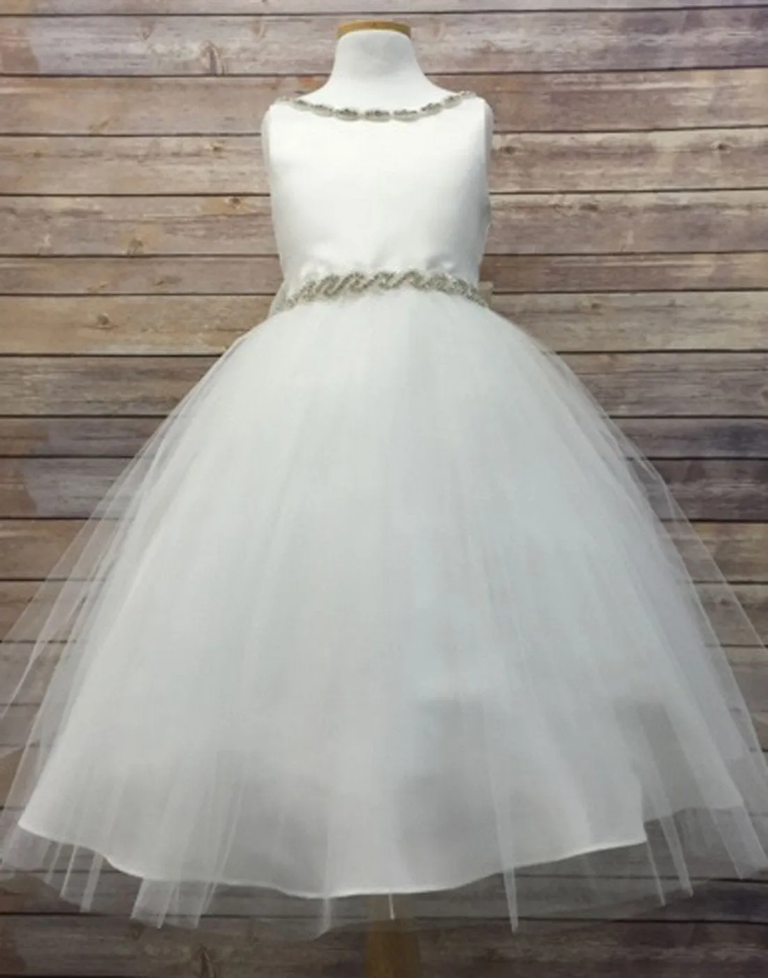 Impressive Satin & Tulle Dress with Rhinestone Gem Neckline & Belt - White