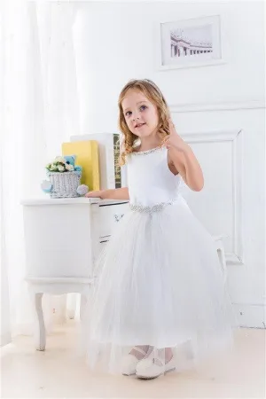 Impressive Satin & Tulle Dress with Rhinestone Gem Neckline & Belt - White