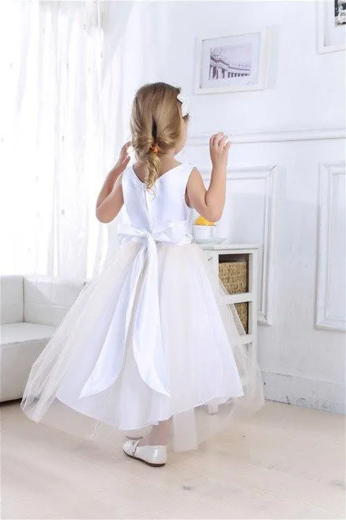 Impressive Satin & Tulle Dress with Rhinestone Gem Neckline & Belt - White