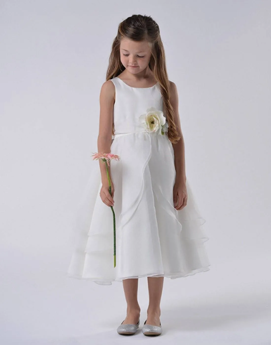 Ivory Multi Layered Organza Dress With Sash