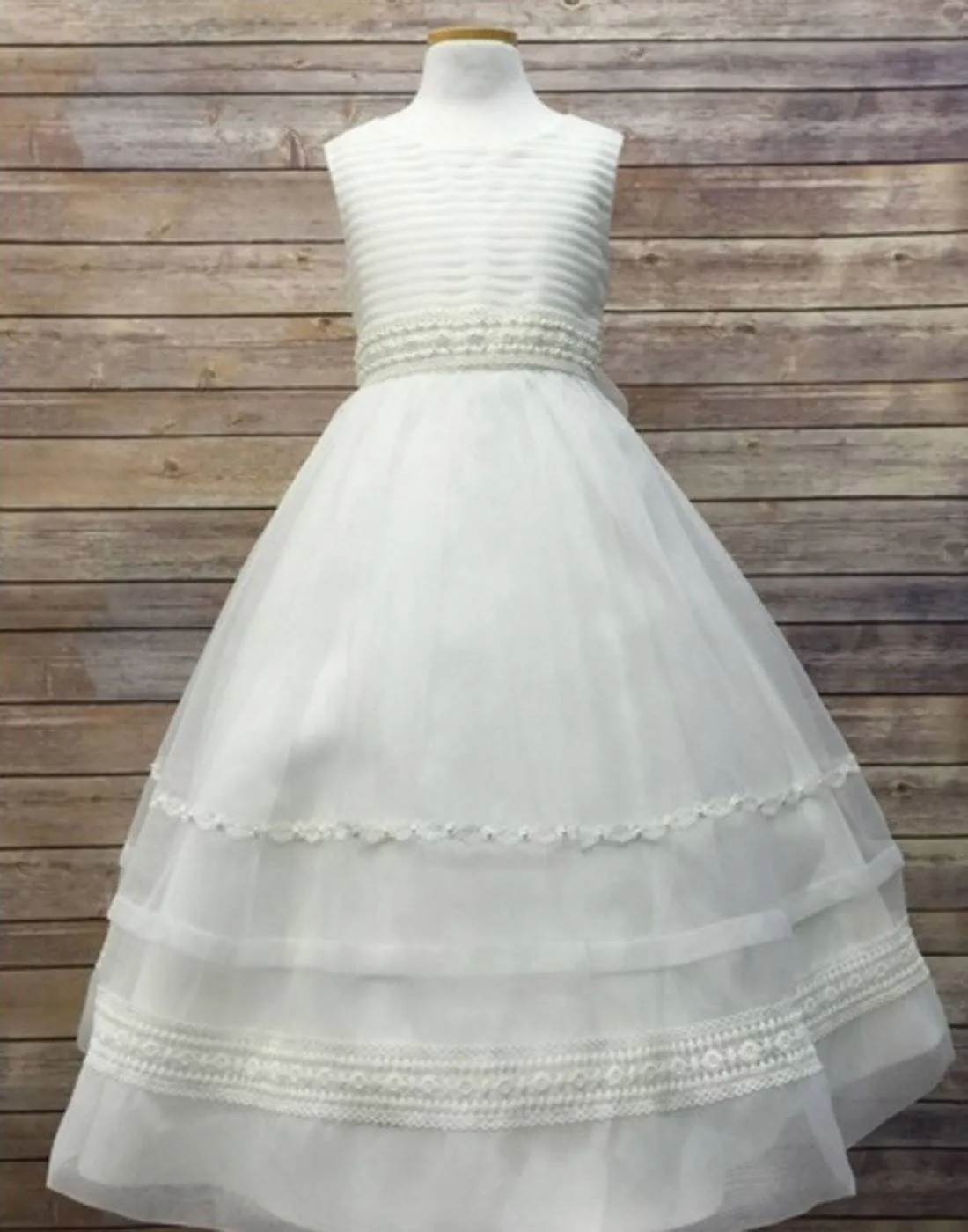 Ivory Striped Organza and Beaded Lace Trim Dress - White