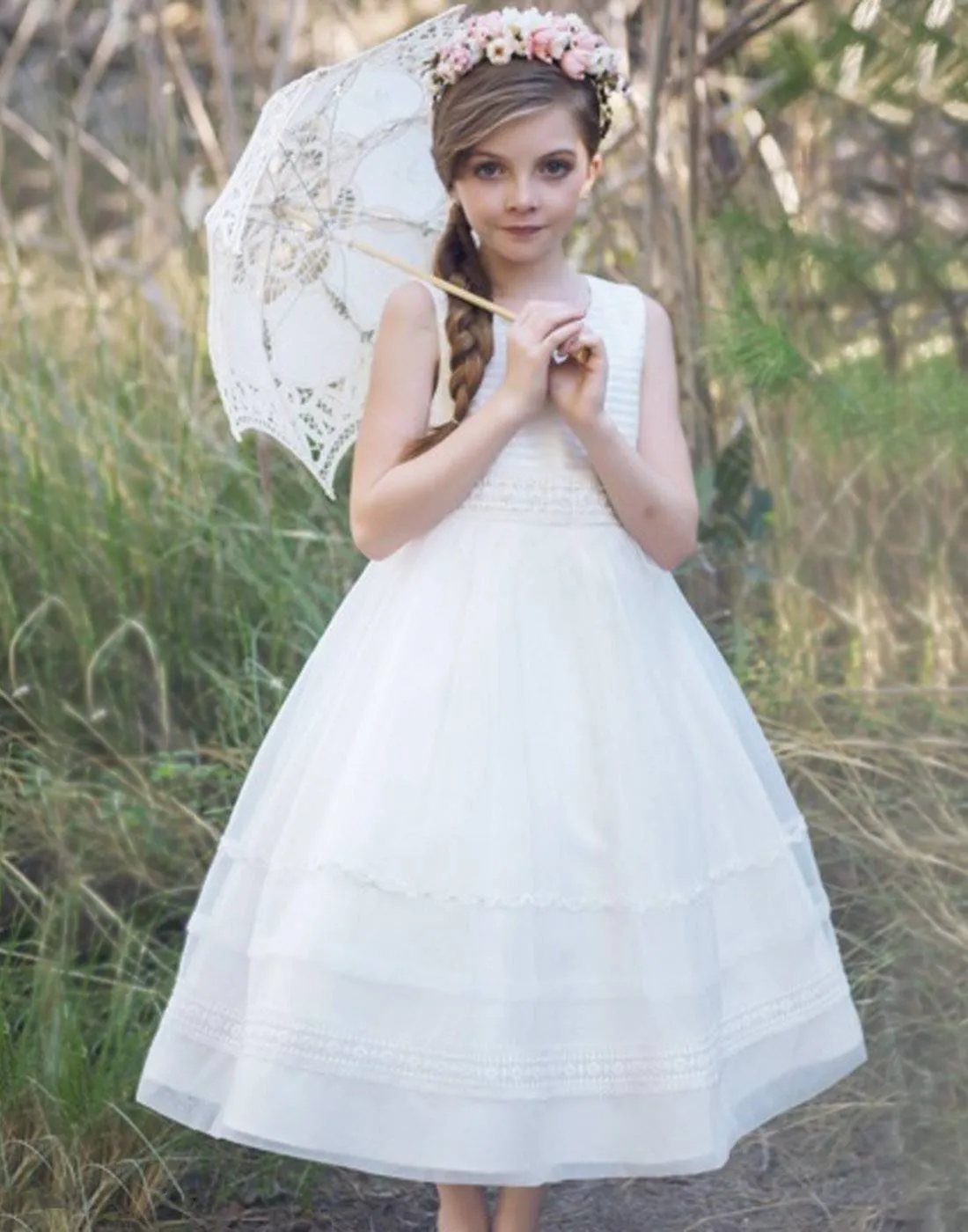 Ivory Striped Organza and Beaded Lace Trim Dress - White