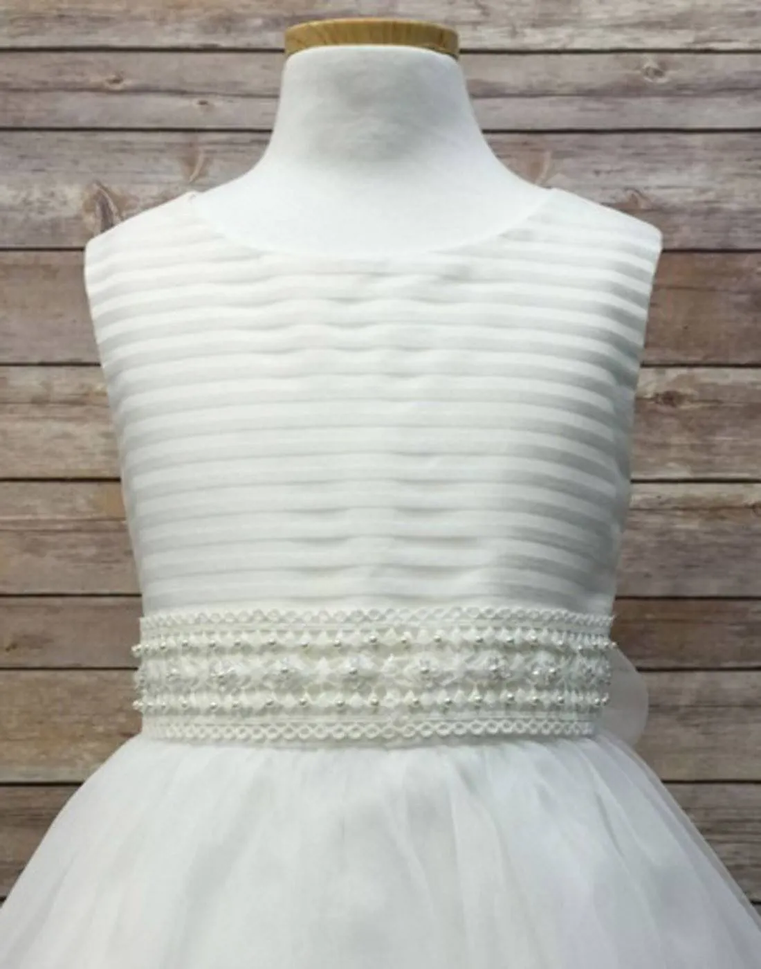 Ivory Striped Organza and Beaded Lace Trim Dress - White