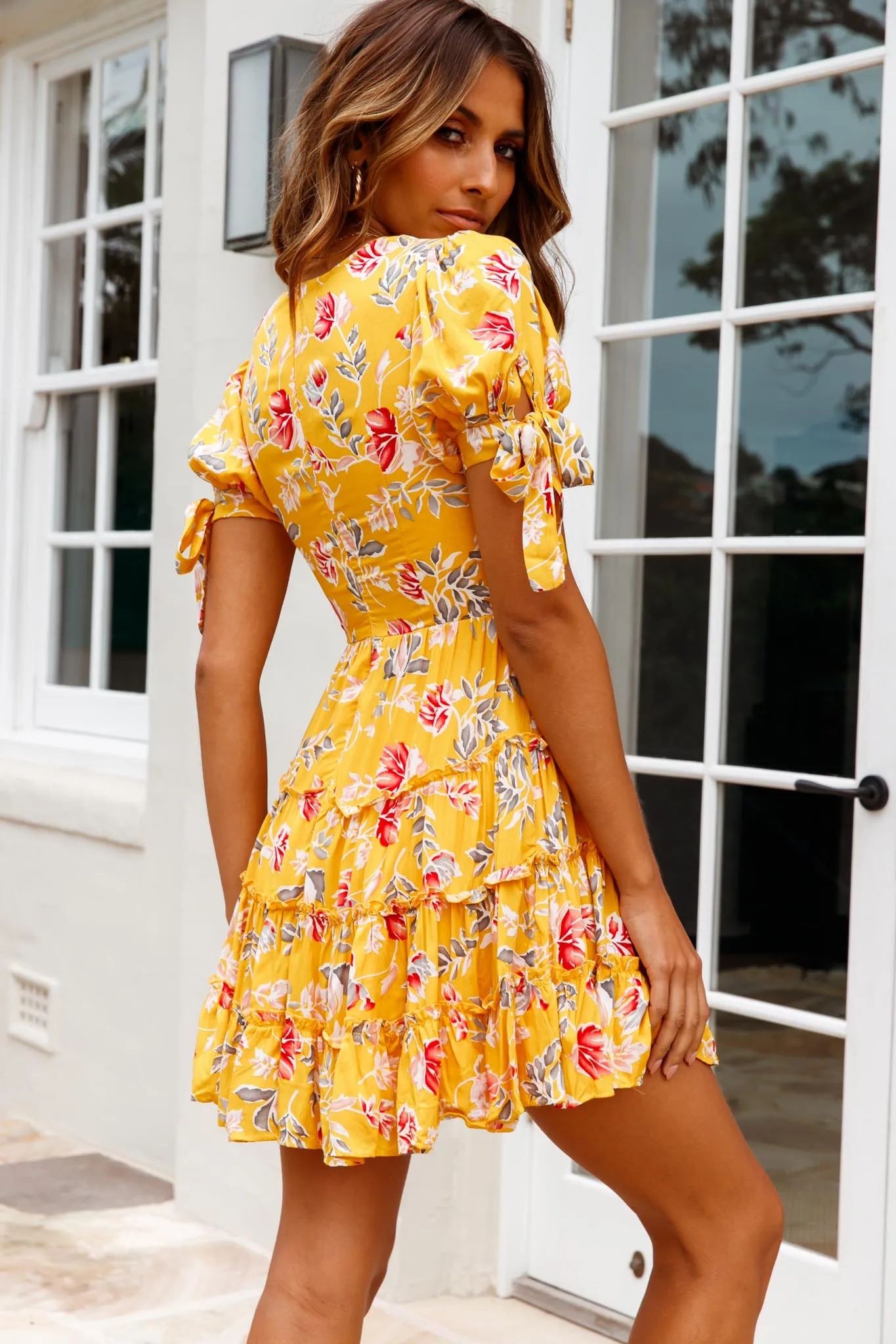 Jocelyn Short Sleeve Tied Cuff Layered Ruffle Dress Floral Print Mustard