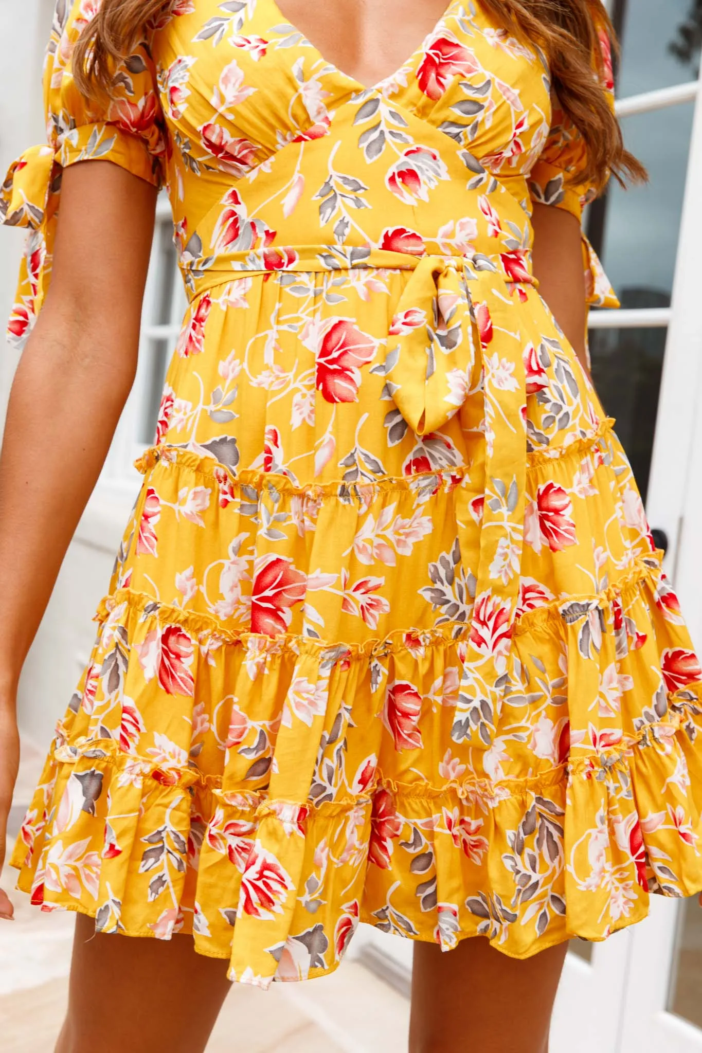 Jocelyn Short Sleeve Tied Cuff Layered Ruffle Dress Floral Print Mustard