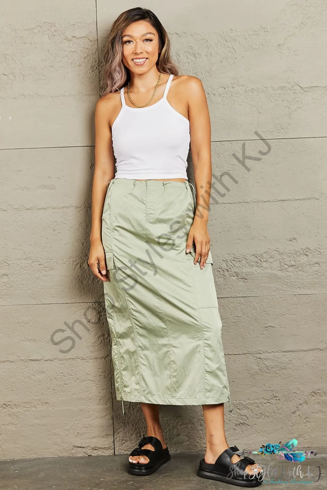 Just In Time High Waisted Cargo Midi Skirt