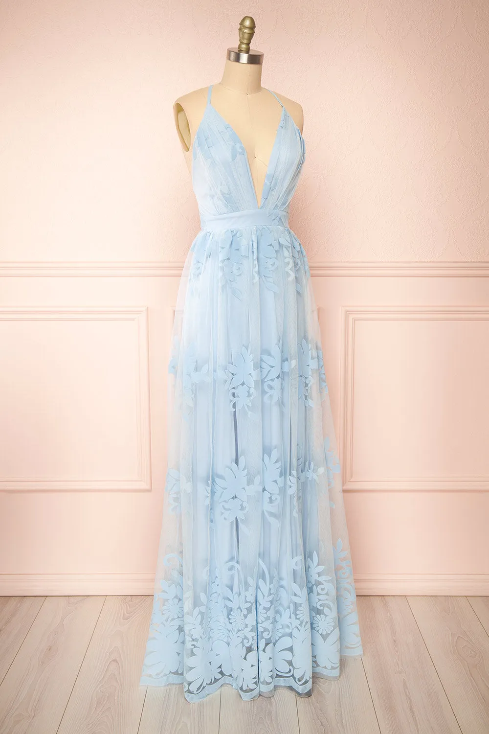 Kailania Blue | Plunging Neckline Mesh Maxi Gown