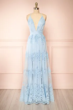 Kailania Blue | Plunging Neckline Mesh Maxi Gown