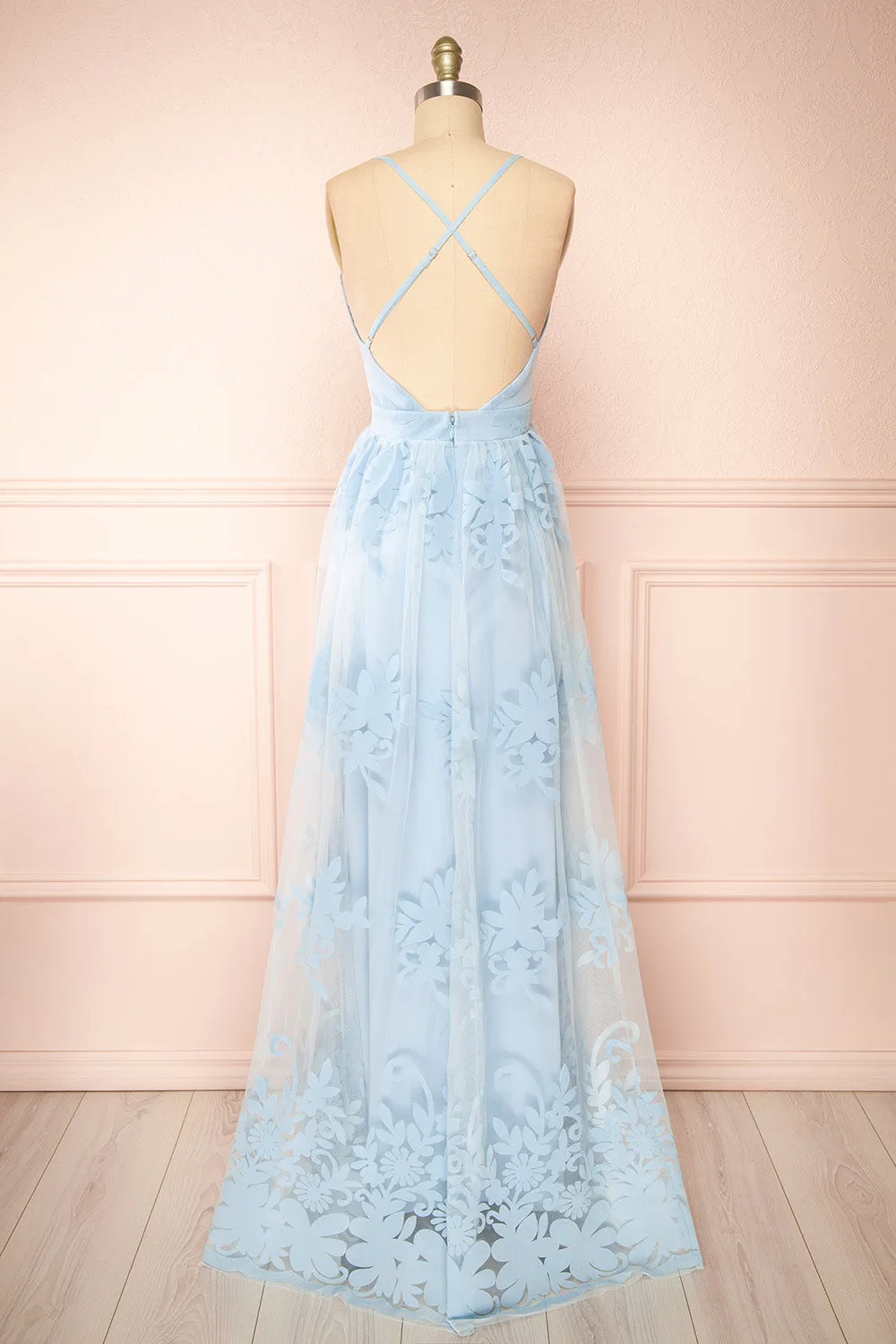 Kailania Blue | Plunging Neckline Mesh Maxi Gown