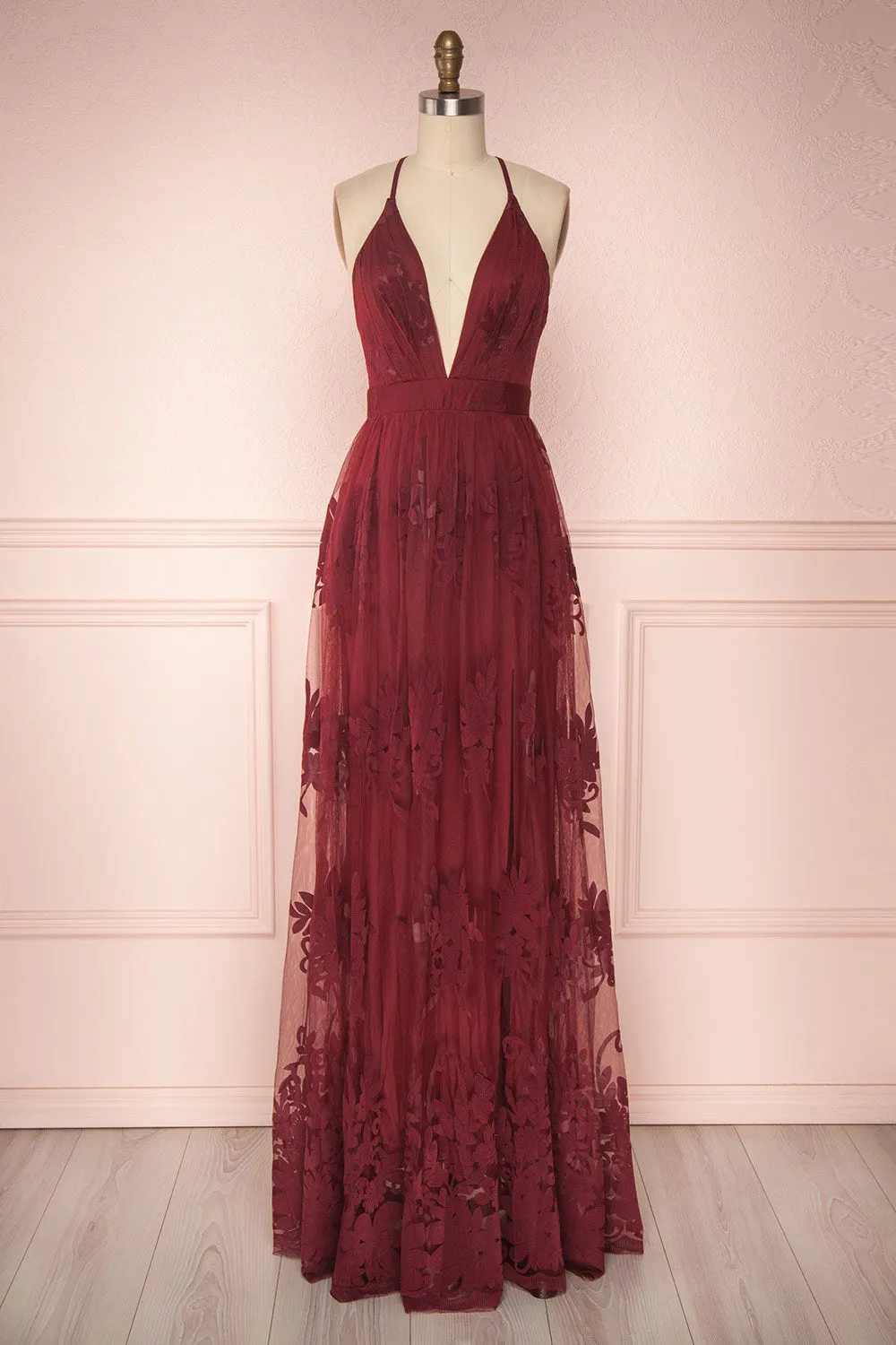 Kailania Burgundy | Floral Mesh Deep V-Neck Maxi Dress