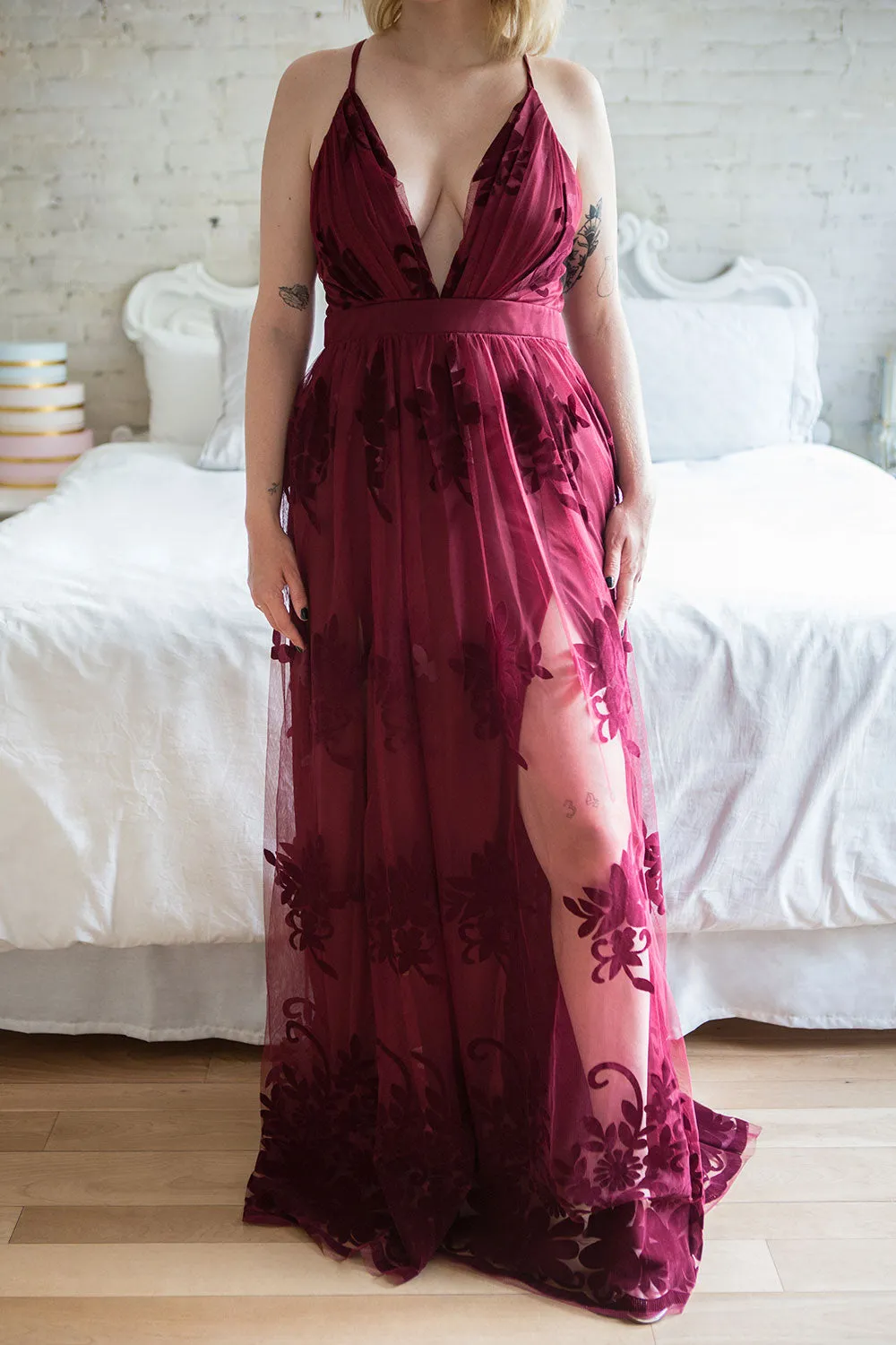 Kailania Burgundy | Floral Mesh Deep V-Neck Maxi Dress